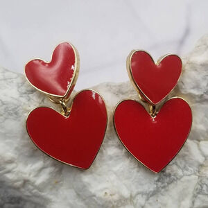 Red Enamel Double Heart Dangle Earrings